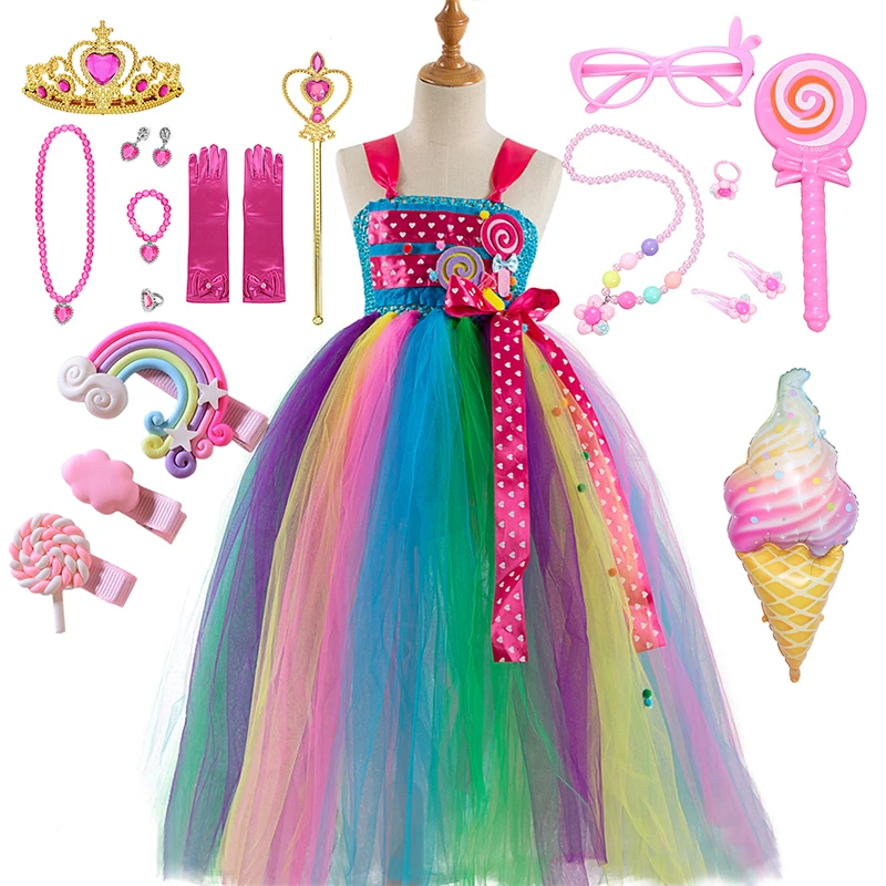 

Cartoon Lollipops Girls Costume Dress 2022 New Candy Mesh Princess Dress 2-12Years Kids Carnival Birthday Party Long Dress
