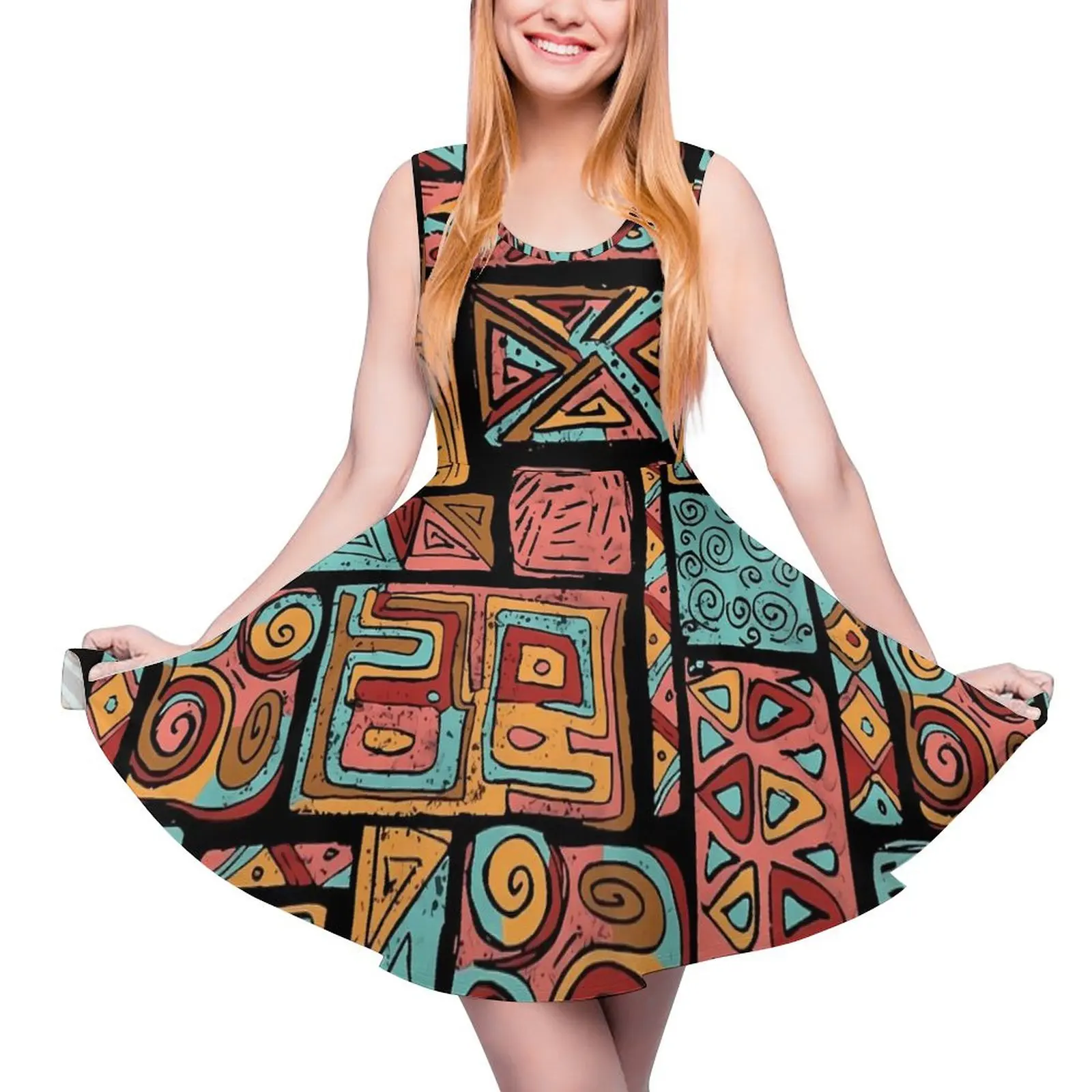 

Vintage Ethnic Dress Patchwork Print Boho Beach Dresses Sleeveless Casual Skate Dress Womens Pattern Vestido Gift Idea