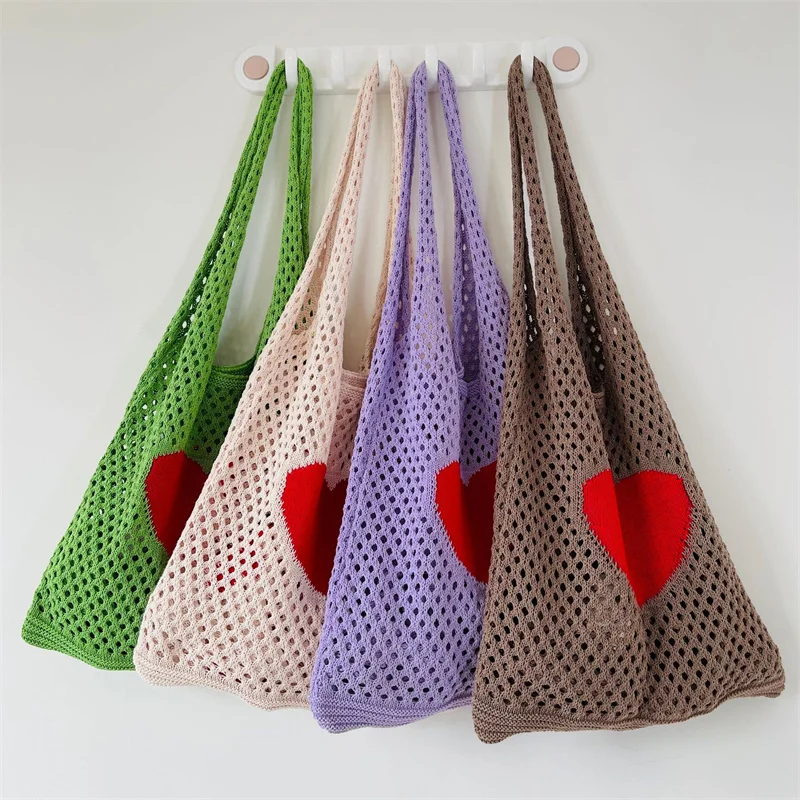 INS Korean Hyuna Flower Print Crochet Shopper Bag Knitting Hollow Out Shoulder Beach Bag Casual Laziness-Style Handbag for Women