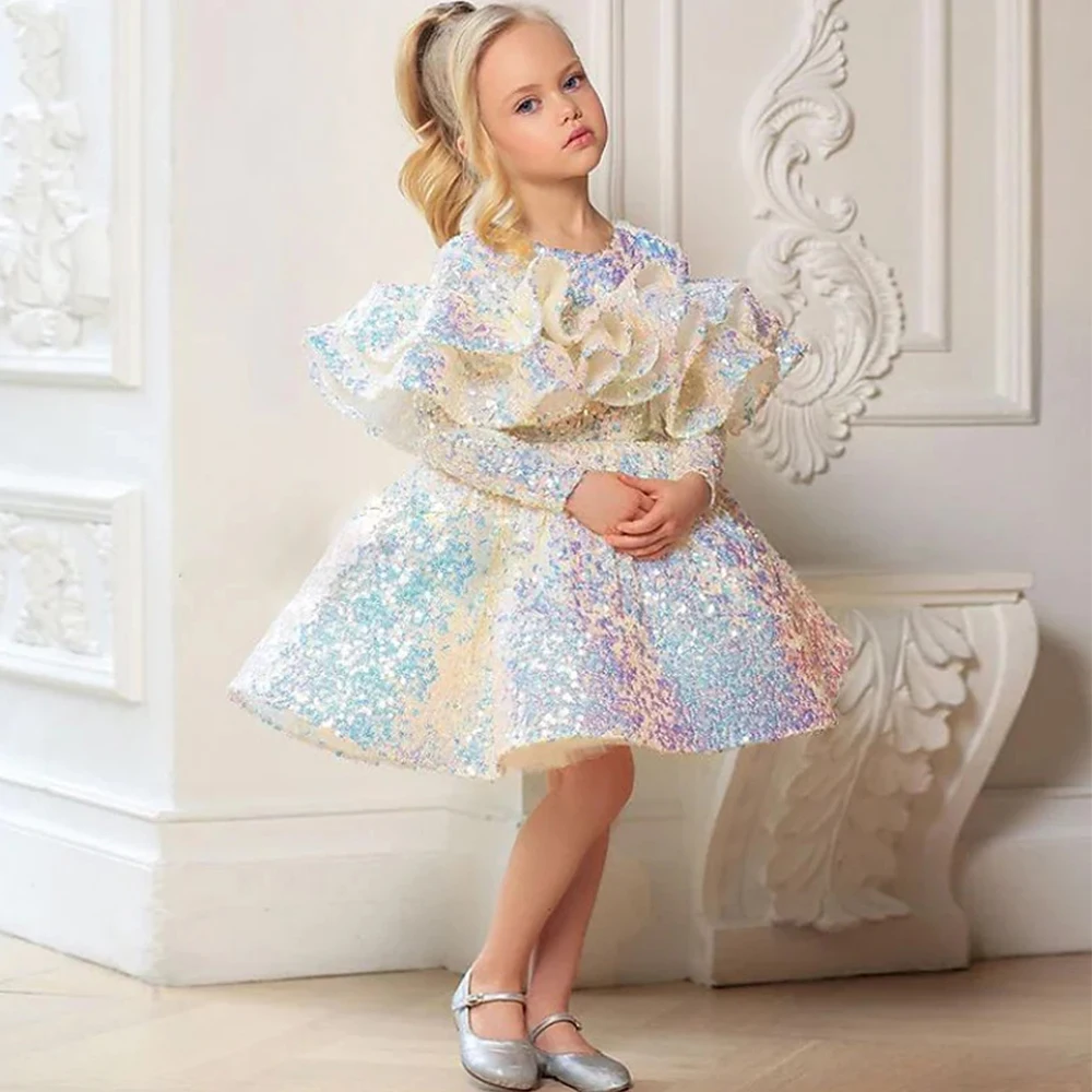 

O-Neck Sequin Flower Girls Dresses Shiny Long Sleeve Knee-Length Girl Pageant Birthday Banquet Gowns with Ruffles for Baby