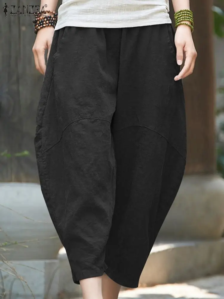 

ZANZEA Fashion Harem Pants Female Cotton Long Pant Oversize Capris Causal Elastic Waist Pantalon Vinatge Loose Wide Leg Trousers