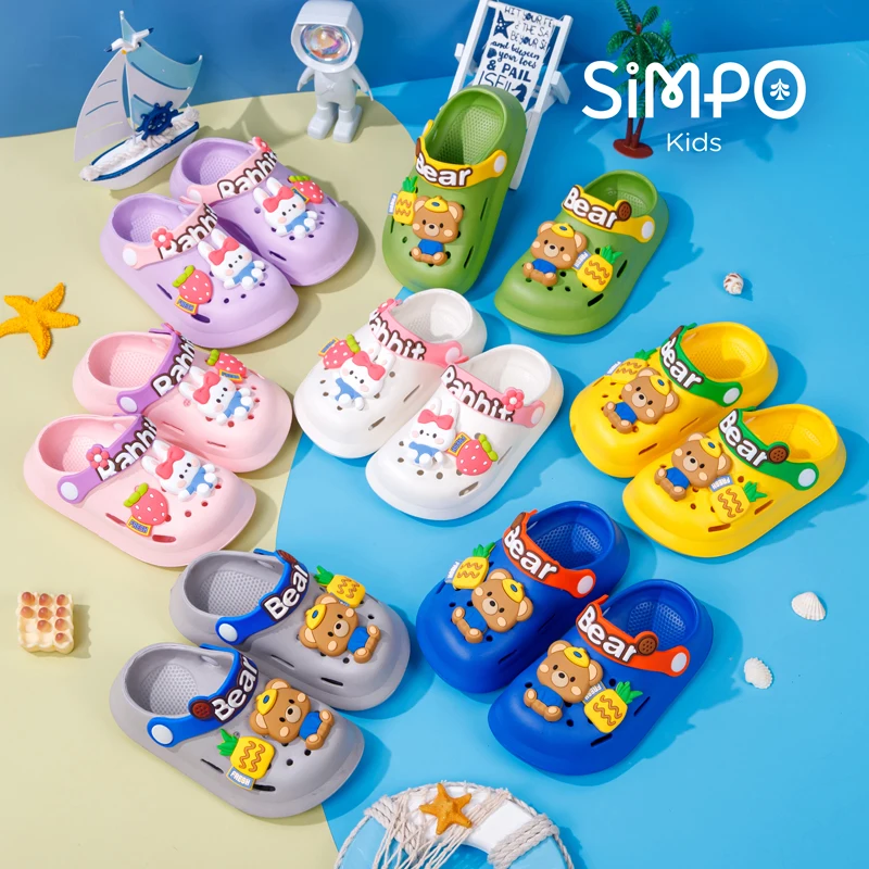 Sandals For Girls & Boys Cartoon Bear & Rabbit Charms Slip On Closed Toe Clogs Lightweight Anti-slip Hollow Kids Garden Shoes