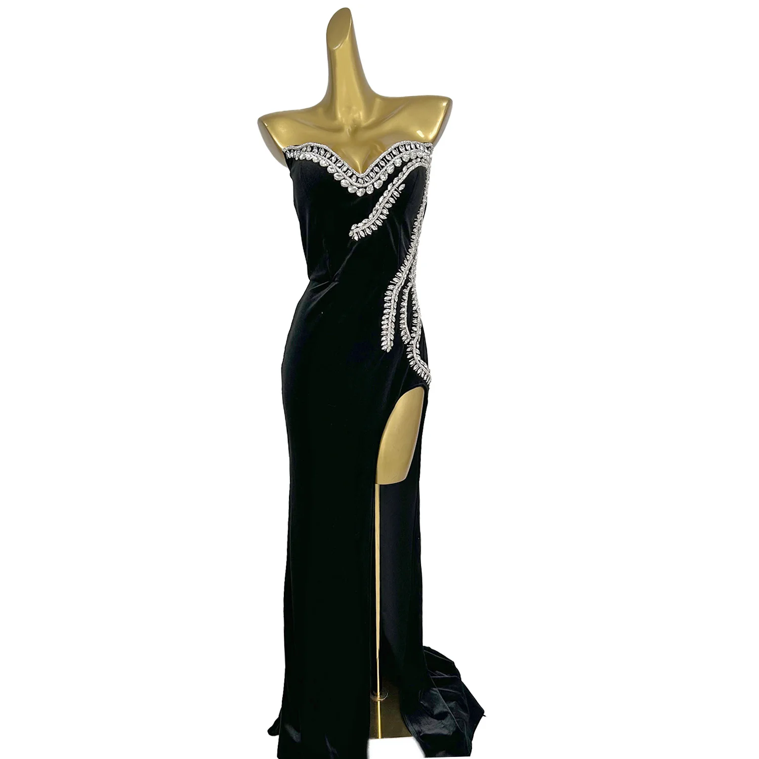 Classic Black Crystal High-Slit Gown Detail