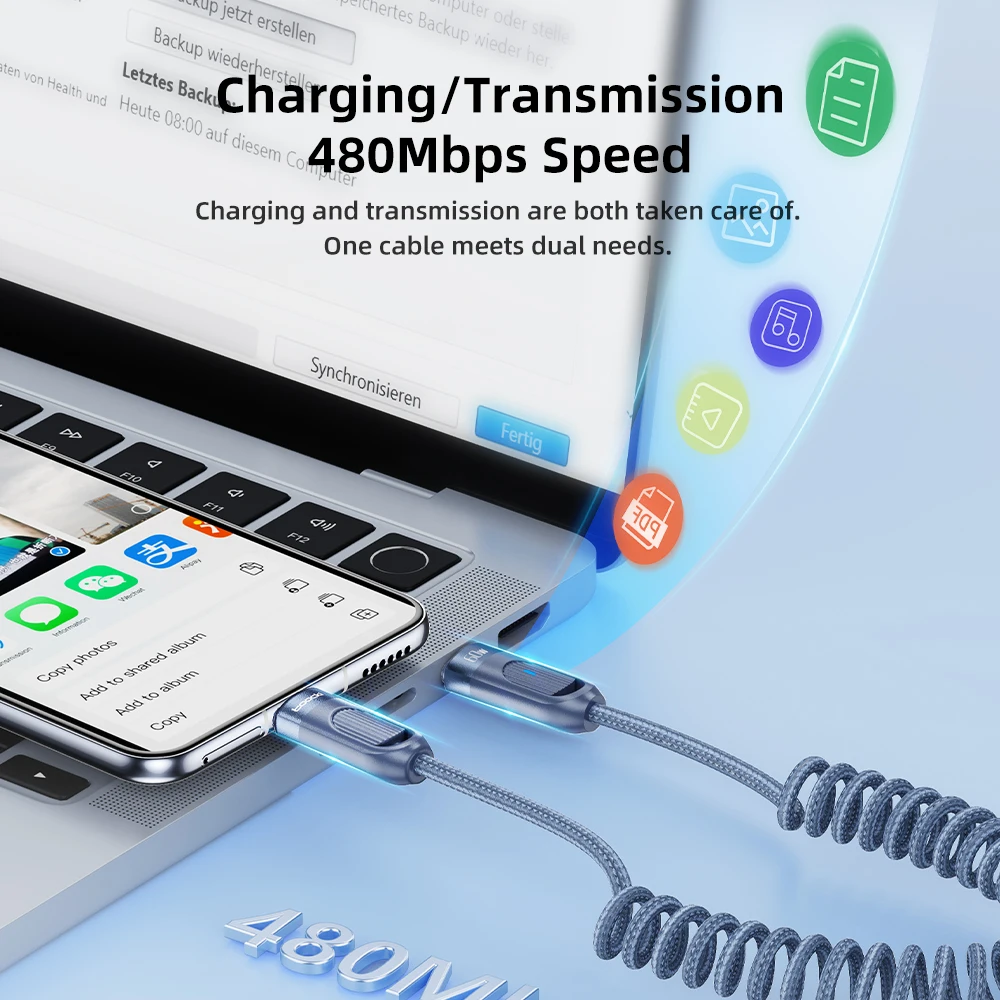 iPhone 15 시리즈 C용 Toocki 60W USB C 케이블 - 유형 C 와이어 LED PD 고속 충전기 스위치 HP SMS용 USB C 스프링 데이터 케이블