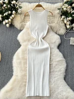 SINGREINY Women Sheath Long Dress O Neck Sleeveless Solid Pleated Knit Elastic Fashion Elegant Stiped Retro Sexy Bodycon Dress 5