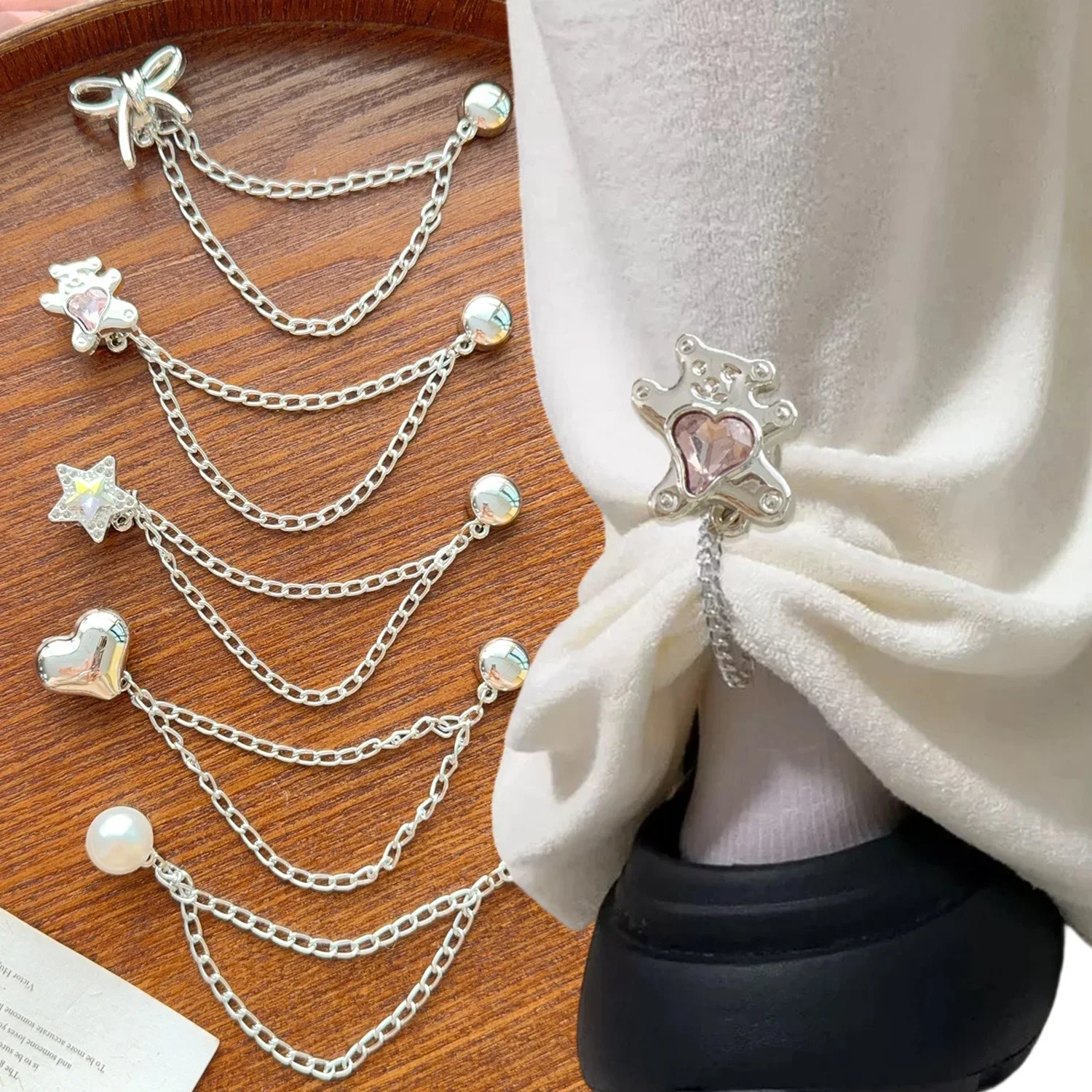 5pcs Multi-Function Magnetic Clothing Clips with Chain Metal Tassel Buttons Clip Roll Up Pants Alloy Change Shorts Trouser Legs