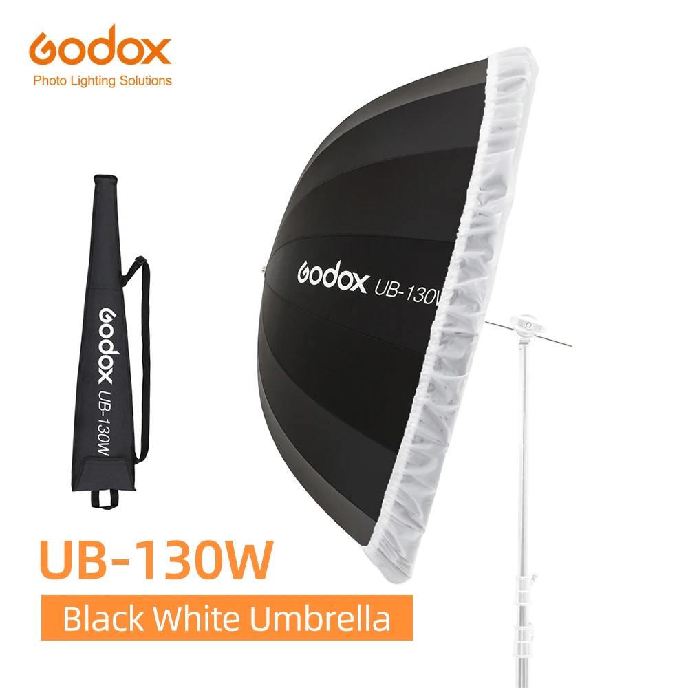 Godox UB-130W 51in 130cm 포물선 검정 흰색 반사 우산 스튜디오 라이트 우산(디퓨저 커버 천 포함)