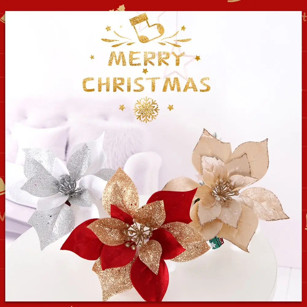 

21cm DIY Wedding Favors Home Decoration Party Supplies Glitter Ornament Poinsettia Christmas Tree Flowers Xmas Gift