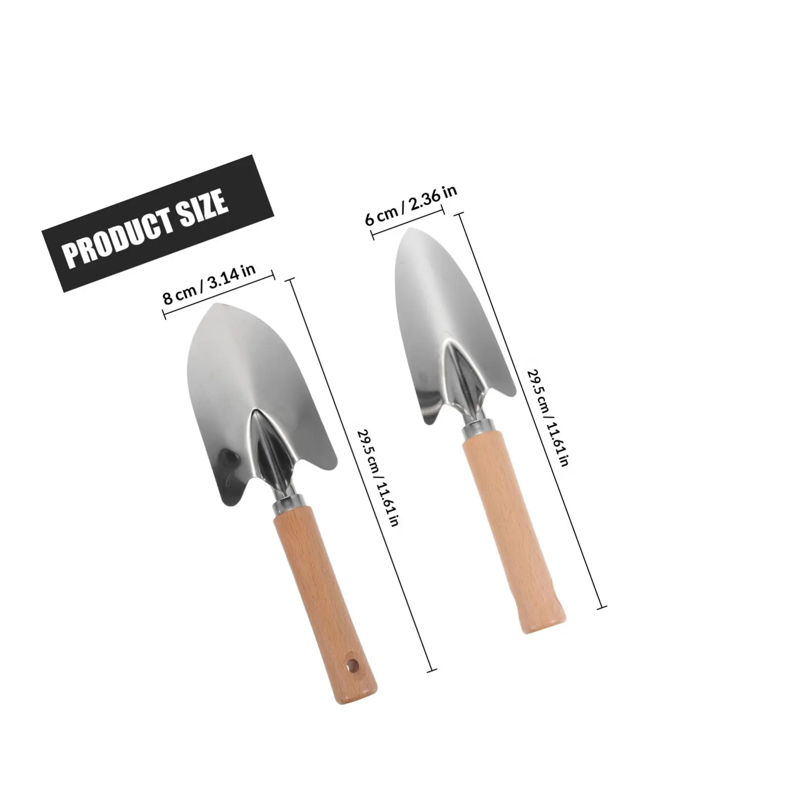 2Pcs 정원 삽 손삽 스테인레스 스틸 나무 손잡이 심기 도구 제초 및 흙 이식을위한 원예 손 도구