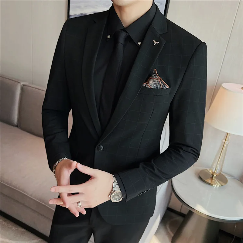 

Boutique trend handsome high-end autumn/winter new classic texture plaid suit men's slim casual suit jacket single west jacket