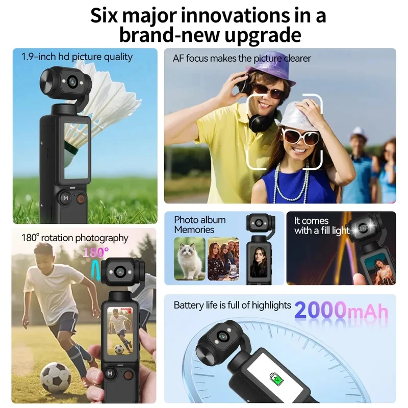 휴대용 포켓 카메라 100W 픽셀 1.9인치 화면 180 °   회전식 2000mAh Vlog 캠코더(필 라이트 포함) 128GB 지원 액션 카메라