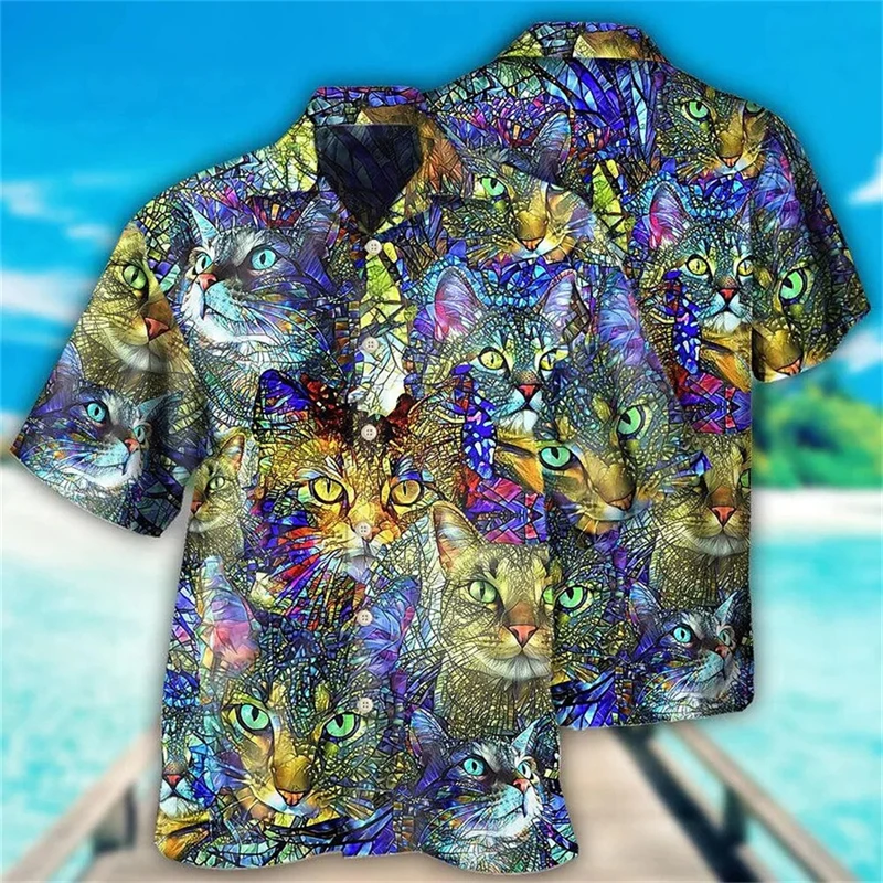 thumbnail image 1 of Camisa hawaiana divertida para hombre, sudadera playera con estampado de gato y música en 3D, camisa de manga corta de diseñador callejero, ropa para hombre de alta calidad, 1 of 5
