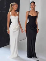 CHNMR Robe longue sexy dos nu froncée pour femme, col en U, sans manches, moulante, noire, pour soirée 2