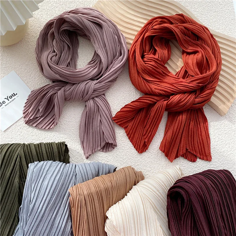 

Solid Crumpled Wrinkle Scarves Headscarf Women Neckerchief Spring Summer Bandanas Headband Girls Scarf Turban Neck Accessories