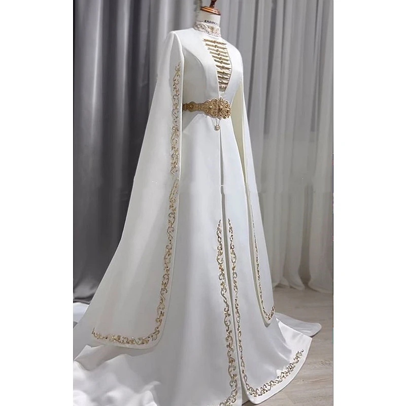 

Traditional Caucasus Wedding Dresses Cape Long Sleeves Gold Embroidery High Neck White A Line Satin Bridal Gowns Custom Made