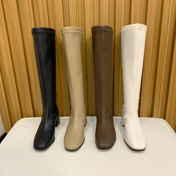 Soft Leather High-heeled Knee Boots Women's Ins Tide 2022 Autumn and Spring New British Style Thick-heeled Thin High Boots