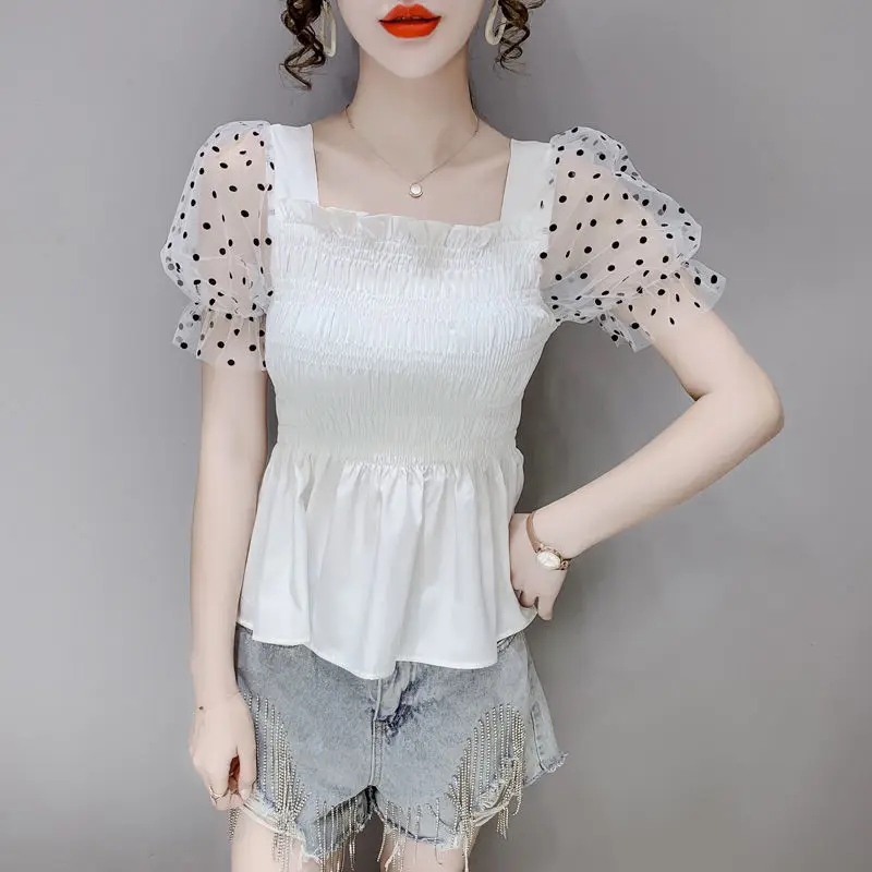Sommer Patchwork Mesh Polka Dot Kurzarm Chiffon Bluse Damen neues stilvolles Blasenärmel Top – Detail 3
