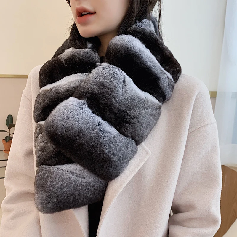 Luxury Women Real Chinchilla Fur Scarf Collar Thick Neck Warmer Wraps