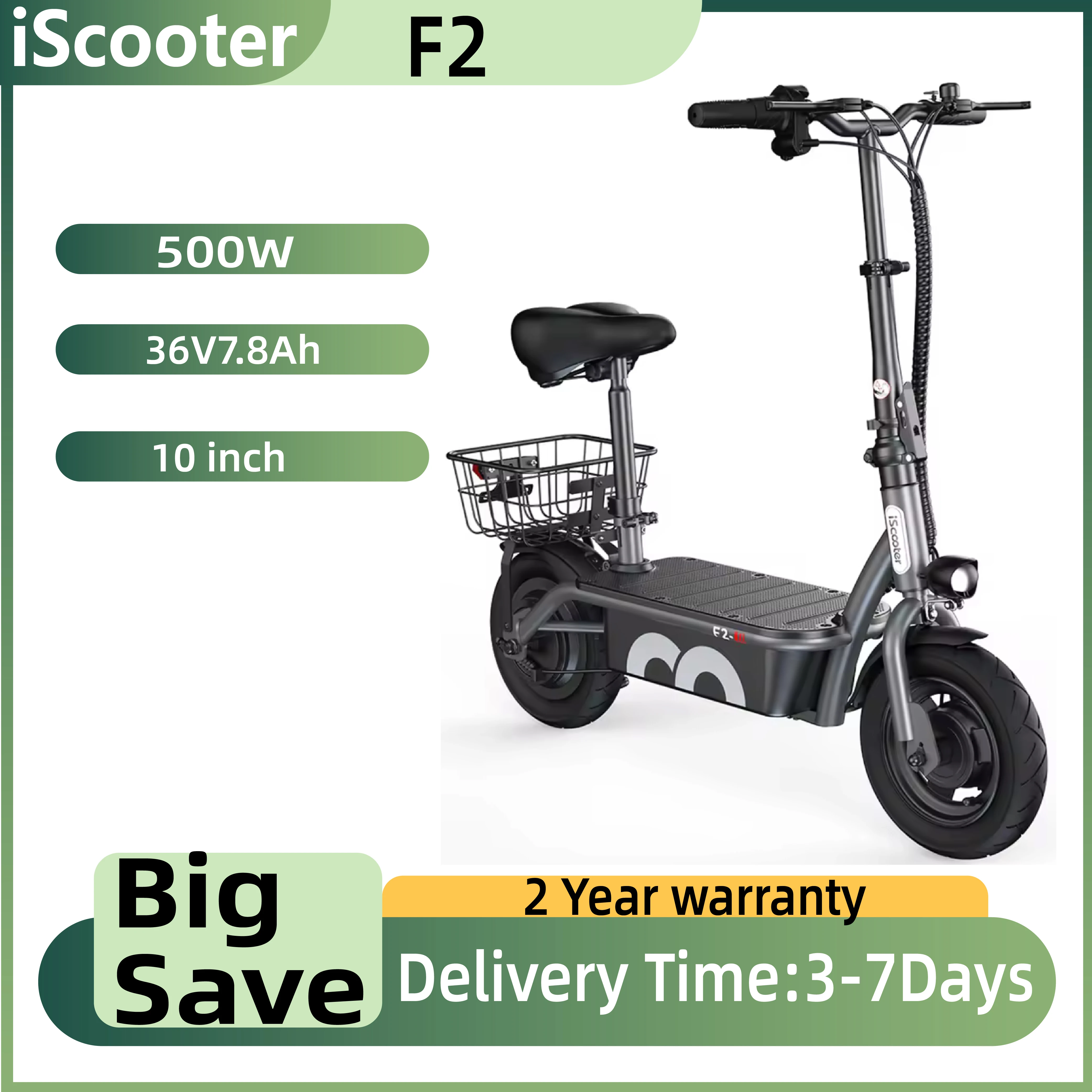 Monopattino Elettrico iScooter F2 per Adulti, 500W, Pneumatici da 10 Pollici, Batteria 36V 7.8AH, Pieghevole e Portatile