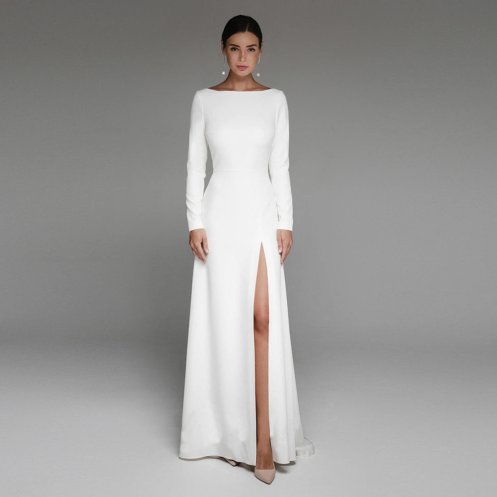 

Civil White Wedding Dress With Long Sleeve Boat Neck Side Slit Backless Simple Bridal Gown Sweep Train Robe De Mariee Custom