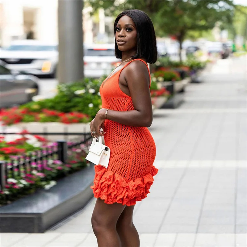 Summer Women's New Sexy Splicing A-line Skirt With Hollow Out Mushroom Edge Knitted Strap Bag Hip Dress