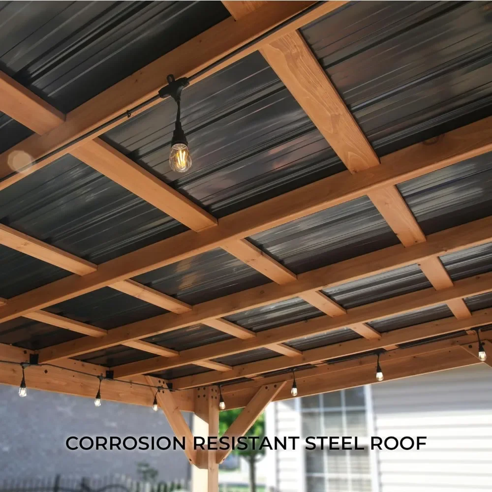 12 x 9.5 All Cedar Wooden Gazebo Pavilion Hard Top Steel Slope Roof Supports Snow Loads and Wind Speed Rot Resistant