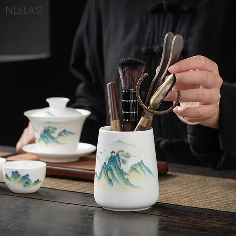 Mutton Fat Jade White Porcelain Storage Tank Six Gentlemen Set Traditional Tea Accessories Tea Needle Spoon Suit Tools