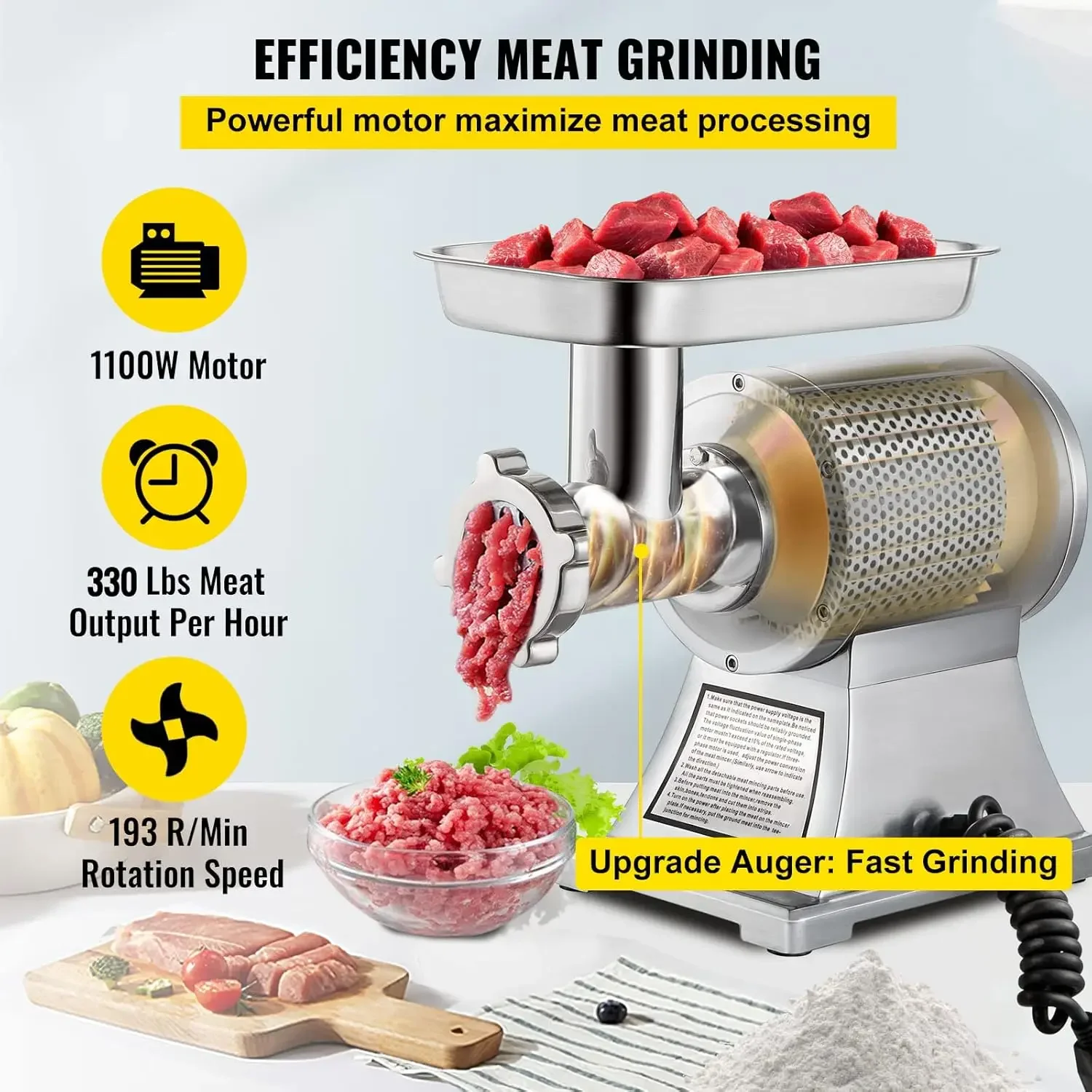 Commercial Meat Grinder,550LB/h 1100W, 220 RPM Heavy Duty Stainless Steel Industrial Meat Mincer w/2 Blades, Grinding P 3