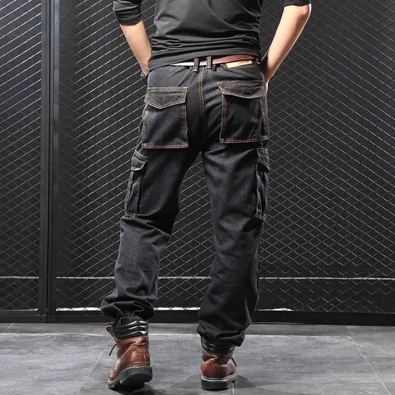 Mcikkny Men Cargo Casual Jean Trousers Multi Pockets Loose Style Motorcycle Denim Pants For Male Size 29-44 Straight 4