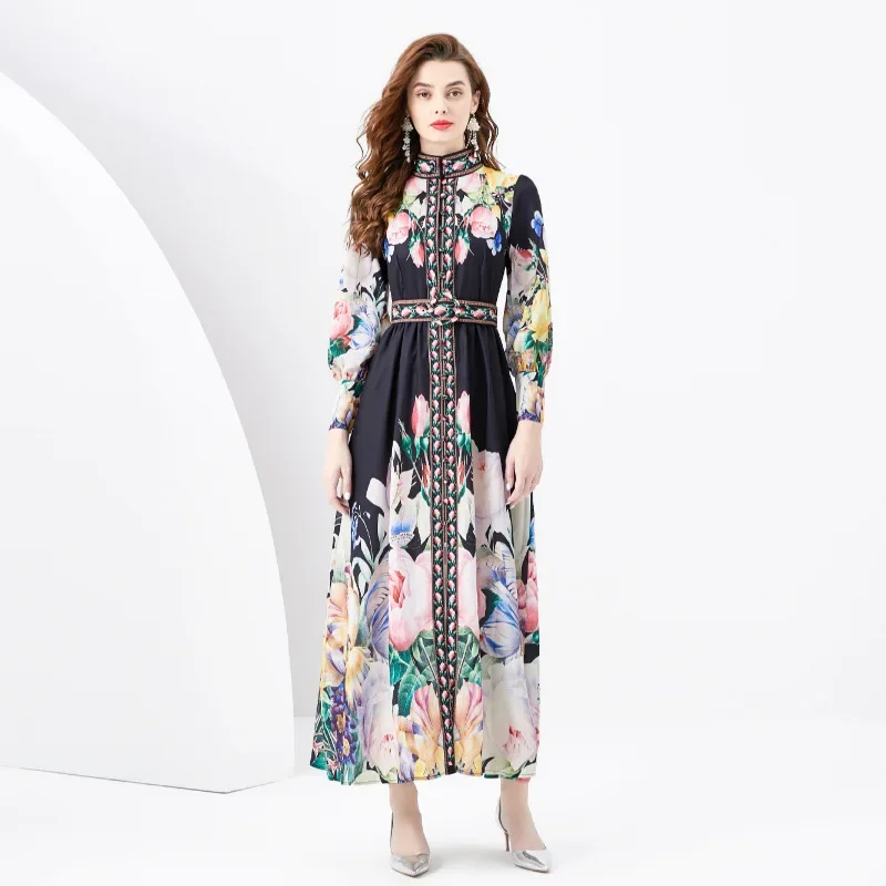 

Spring New Women's Clothing Palace Style Stand-up Collar Puff Sleeve with Belt Wavy Edge Long Retro Printed Dress