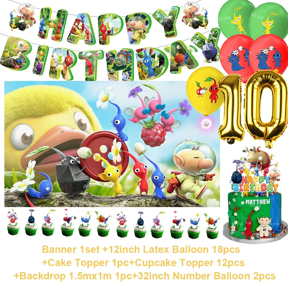 Das Spiel P&Pikmin Thema Kindergeburtstag Partydekorationen Cartoon Spiel Hintergrund Banner Nummer Ballon Kuchen Topper Partyzubehör – Detail 8