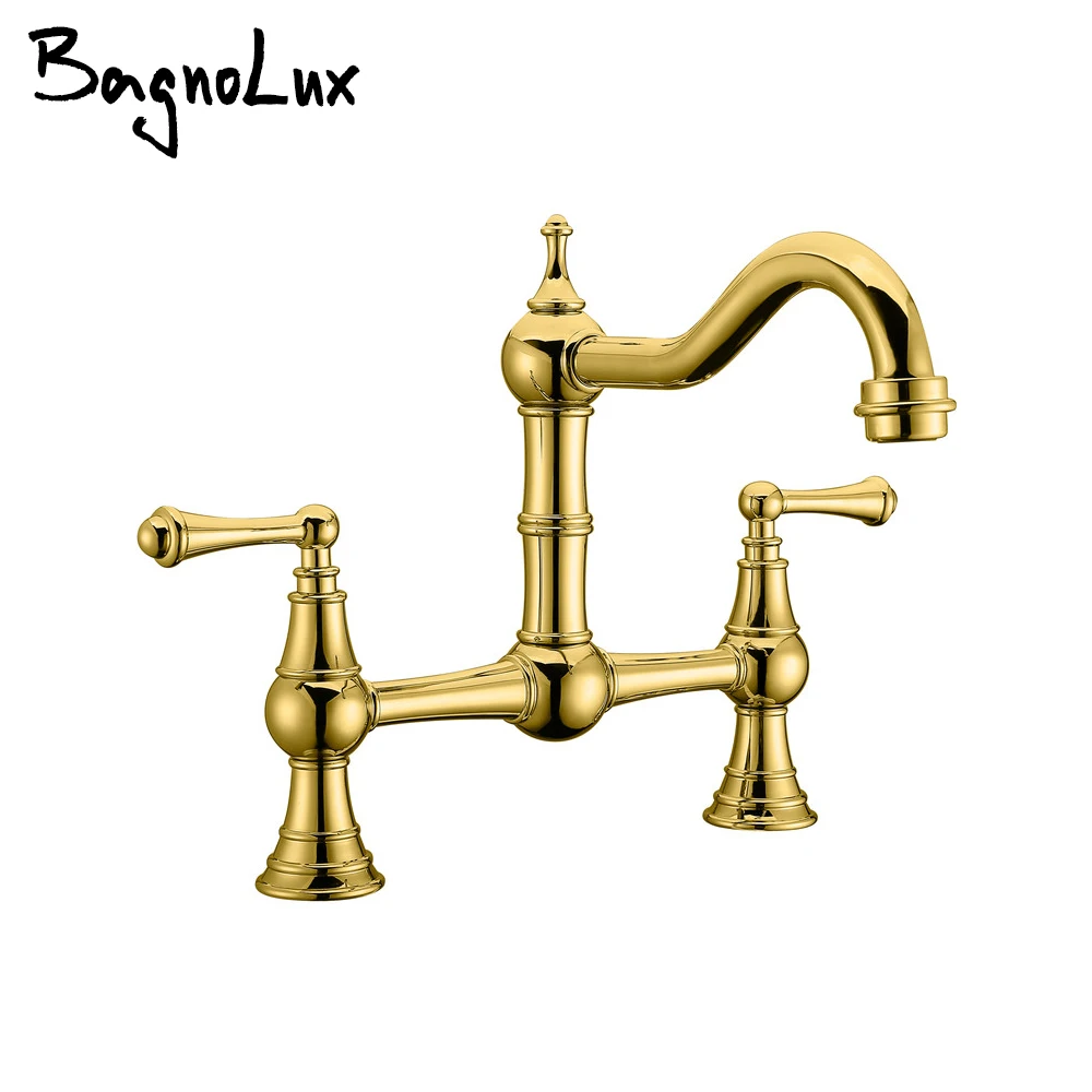 

10 Yr Warranty Unique Design Country 360 Swivel Spout Mixer Tap High-Arc Kitchen Double Leg Bridge Faucet & Metal Lever Handles