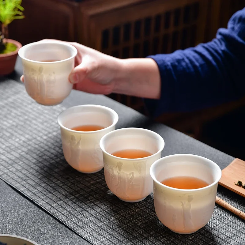 Chinese White Porcelain Tea Cup Hand Three-dimensional Relief Tea Bowl Large Capacity Set Accessories Master Cup