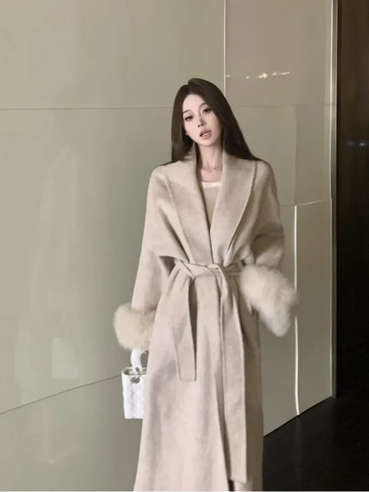 

Winter New Women Double-sided Wool Lace-up Coat Cuffs Removable Fox Fur High Quality Double-sided Cashmere Woolen Coat Female