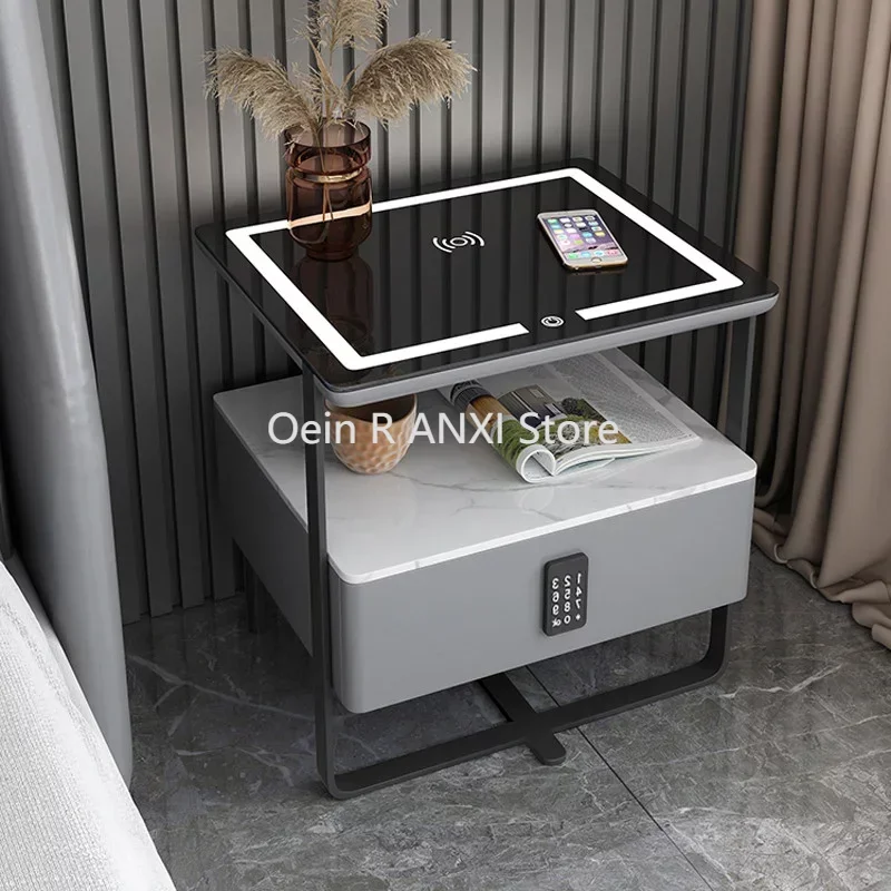 

All Solid Wood Luxury Smart Nightstands Simple Modern Bedside Cabinet Rock Panel Wireless Charging Password Lock Furniture WKNS