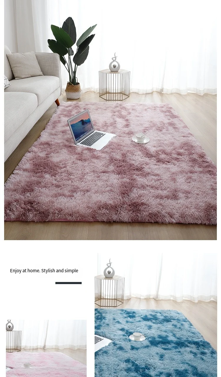 Description Picture 3 of itemWholesale Living Room Silk Wool Carpet Simple ins Wind Solid Color tie-dye Thickened Bedroom Long Hair Window Bed Blanket Mat