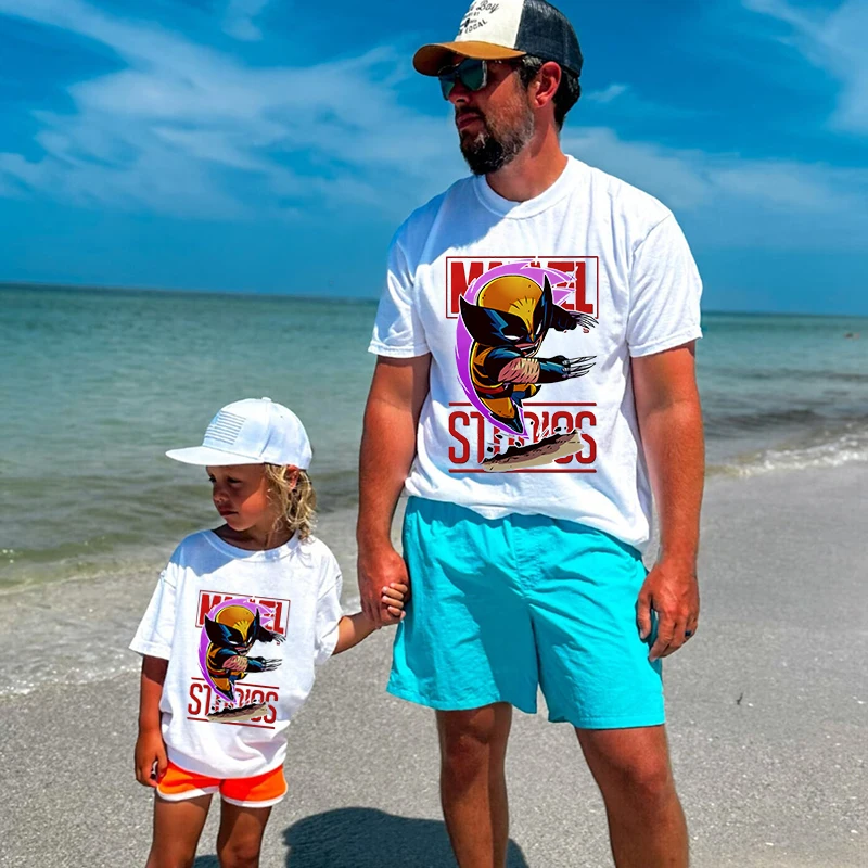 Marvel Hero Print T-shirt Dad and kids Cotton Short Sleeve Family Matching Outfits Casual White Top 2