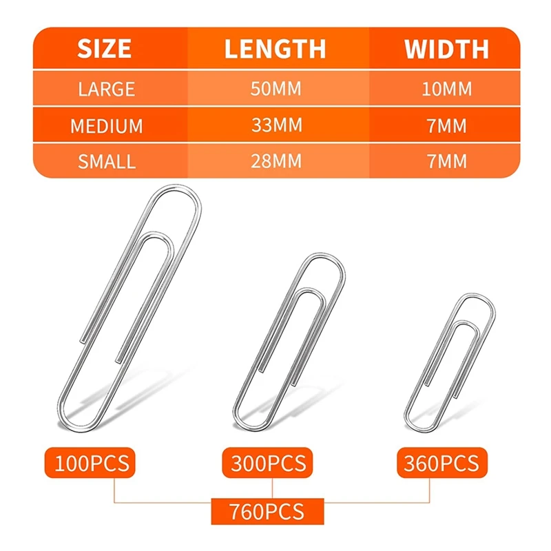 

760 шт. Зажимы для бумаги разных размеров, серебристые, большие, 2 дюйма, средние, 1,3 дюйма и маленькие 1,1 дюйма, прочные, простые в установке и использовании
