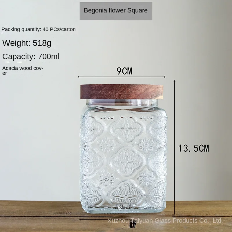 Vintage Square Embossed Glass Jar Acacia Wood Lid Sealed Jar Cylindrical Kitchen Storage Bottle Sugar Food Storage Container New 6