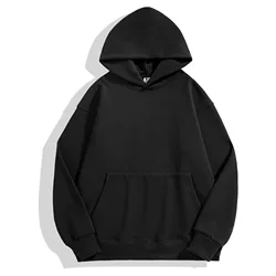 Premium Heavyweight Cotton Velvet Hooded Sweatshirt - Unisex Thick Polar Fleece Pullover Hoodie - L (Black)