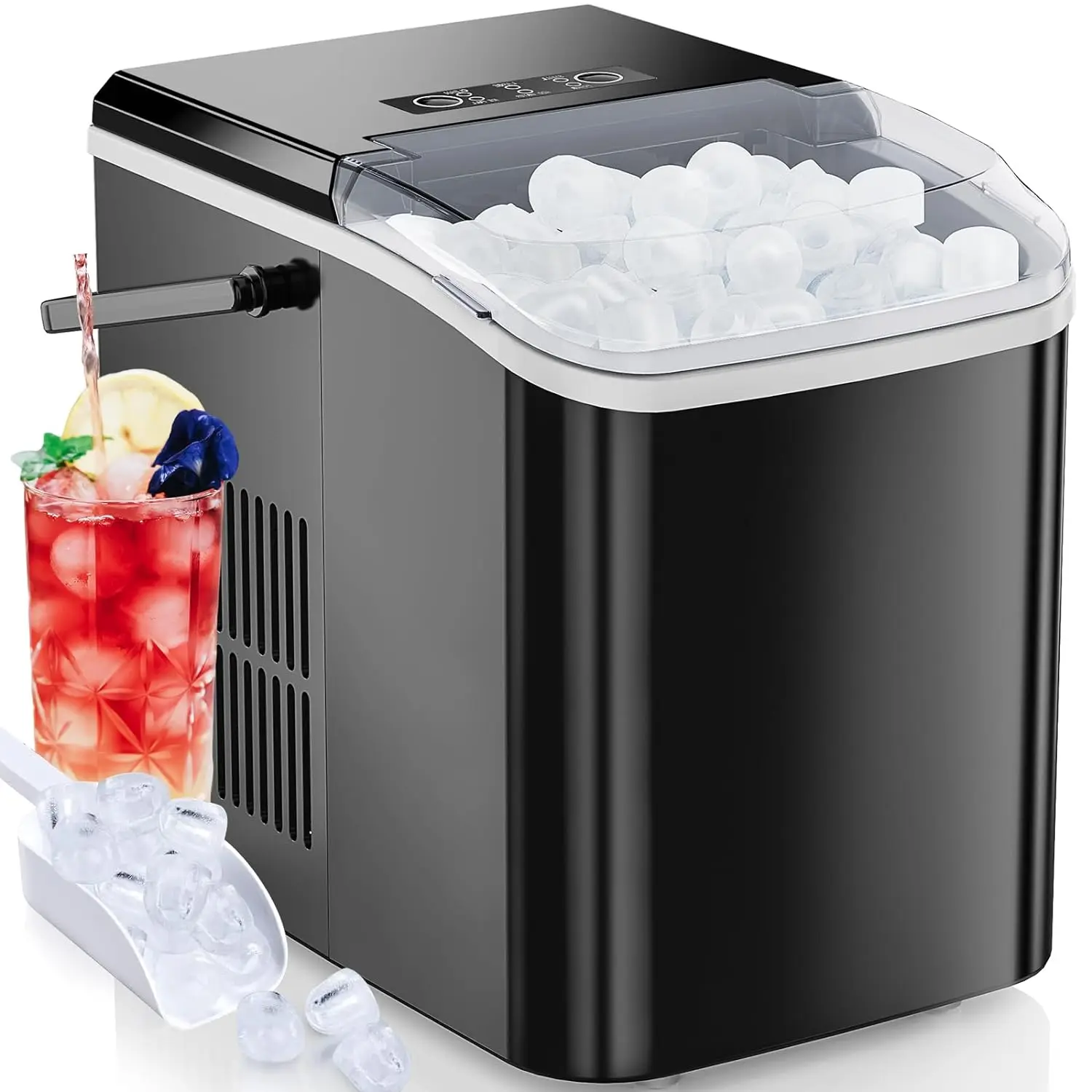 

Portable Ice Machine Self-Cleaning, 9 Cubes in 6 Mins, 26.5lbs/24Hrs, 2 Sizes of Bullet Ice, with Ice Scoop, Basket and Handle