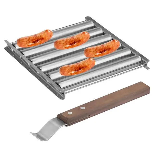 Kolbászhenger Hot Dog Henger Extra Hosszú Fa Fogantyúval Rozsdamentes Acél Rács Egyenletesen Bbq Tartozékok