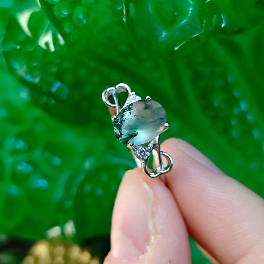 천연 타원형 녹색 오닉스 링,  링, 초록색 이끼 링, 특별한 날 착용, 특별한 날, 6*8mm