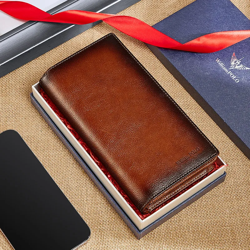 WilliamPOLO Brand Men's Wallet Luxury Designer Vintage Classic Top Quality  Leather Card Holder Purse Zipper Long Wallet For Men