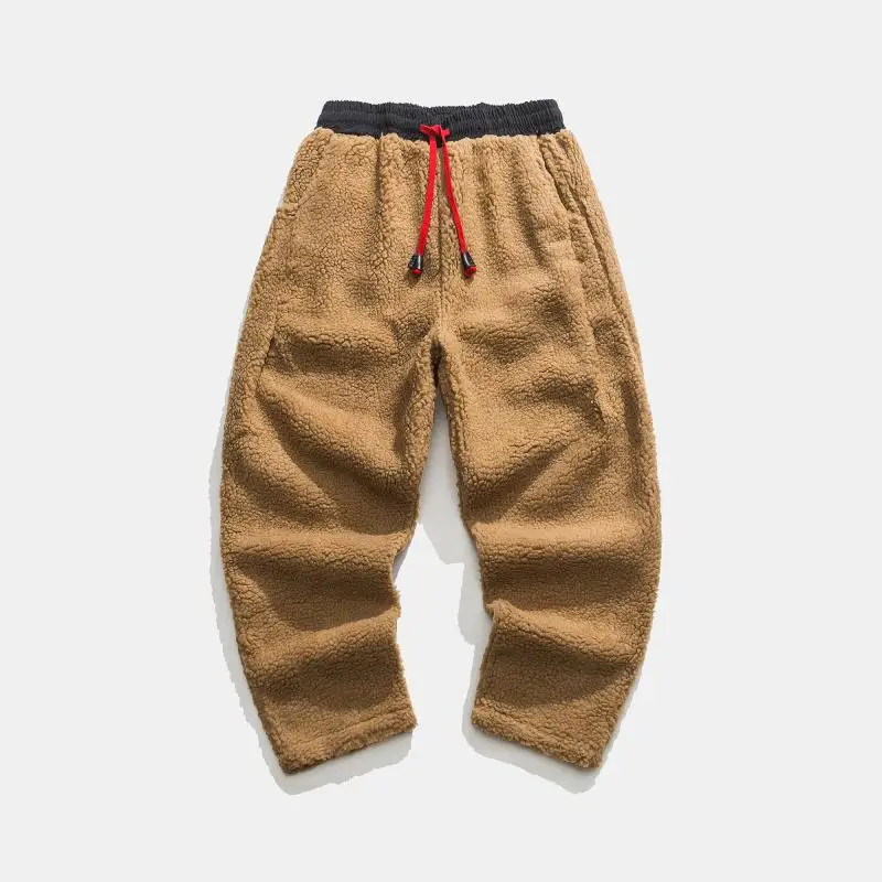 Winter Men Solid Color Fleece Pants Male Vintage Fashion Thick Oversized Harem Pants Men Lamb Wool Warm Trousers