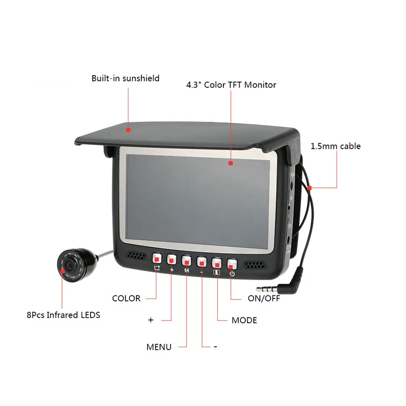 YUMEIQUN 15M Underwater Fishing Camera HD 1000TVL 4.3" LCD Monitor Camera Fishing Ice Sunshield