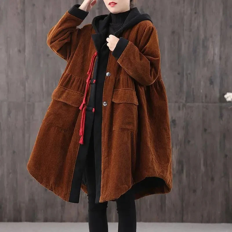 

Women's Corduroy Parkas Jacket Women Winter Quilted Cotton Coat Thicken Windbreaker Hooded Jacket Long Loose Size Lady Overcoat