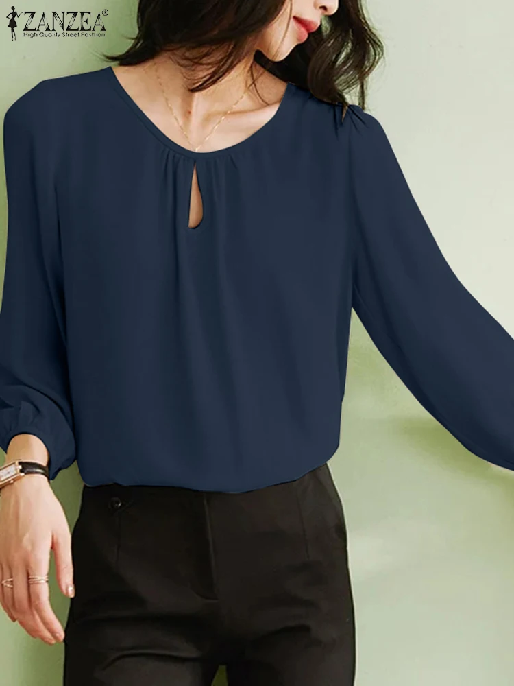 

Casual Solid Pleats Blusas ZANZEA Women Blouse 2024 Autumn Round Neck Hollow Out Top Fashion Oversized Long Lantern Sleeve Shirt