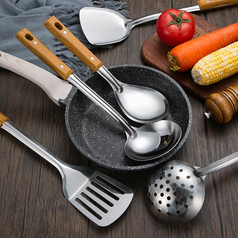 Kitchen Utensils Set Stainless steel anti-scalding handle spatula spoon colander imitation wood grain kitchen utensils set kitchen household cooking