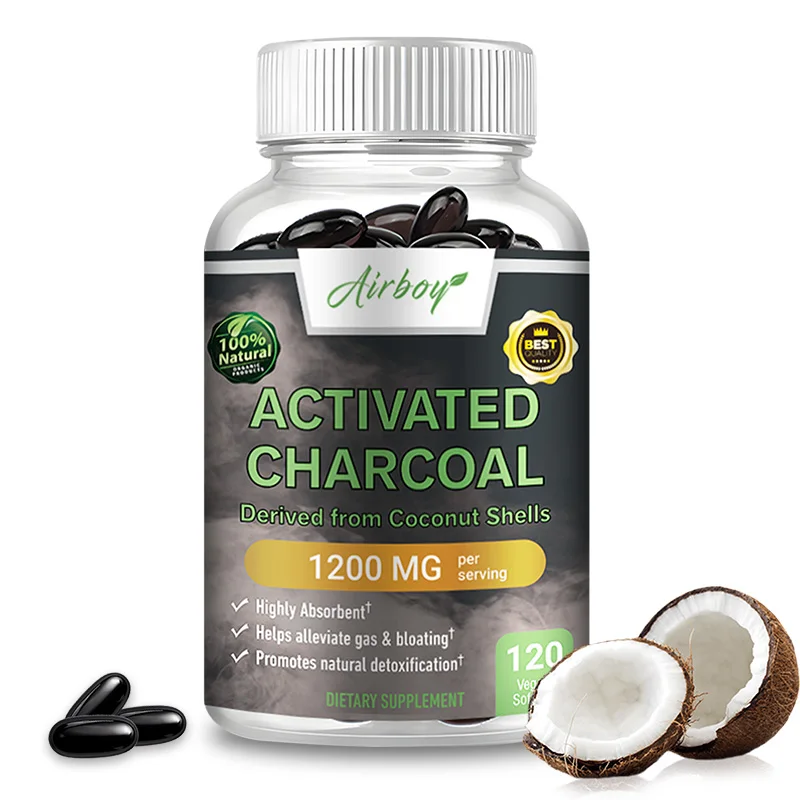 Activated Charcoal Capsules Used To Relieve Bloating and Detoxify The Body Promoting Intestinal Health